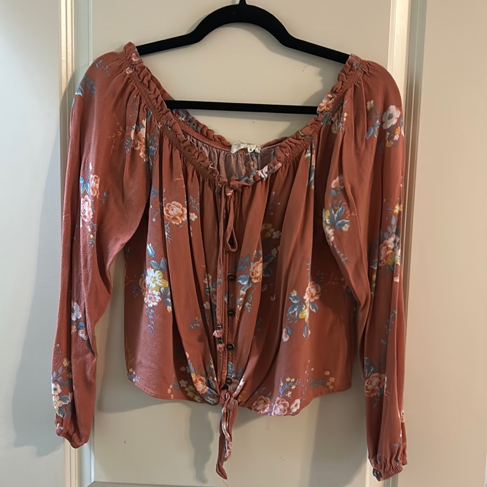 Coral Floral Cropped Long Sleeve Off The Shoulder Top